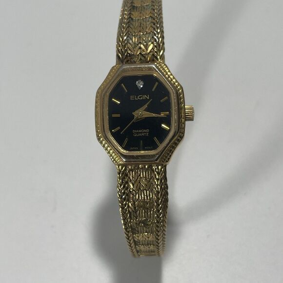 Vintage Elgin Women’s Diamond Quartz Watch Gold-Tone Woven Band - Not Running - Picture 4 of 9